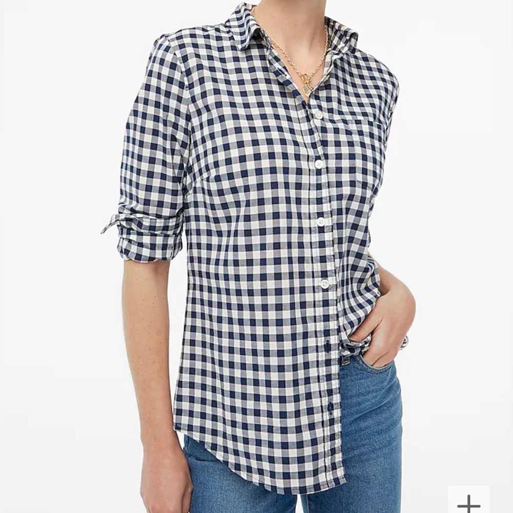 I. Crew Factory Navy Gingham Button-Down - image 1